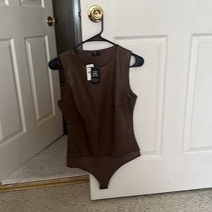 Express Body Contour Faux leather high neck thong bodysuit